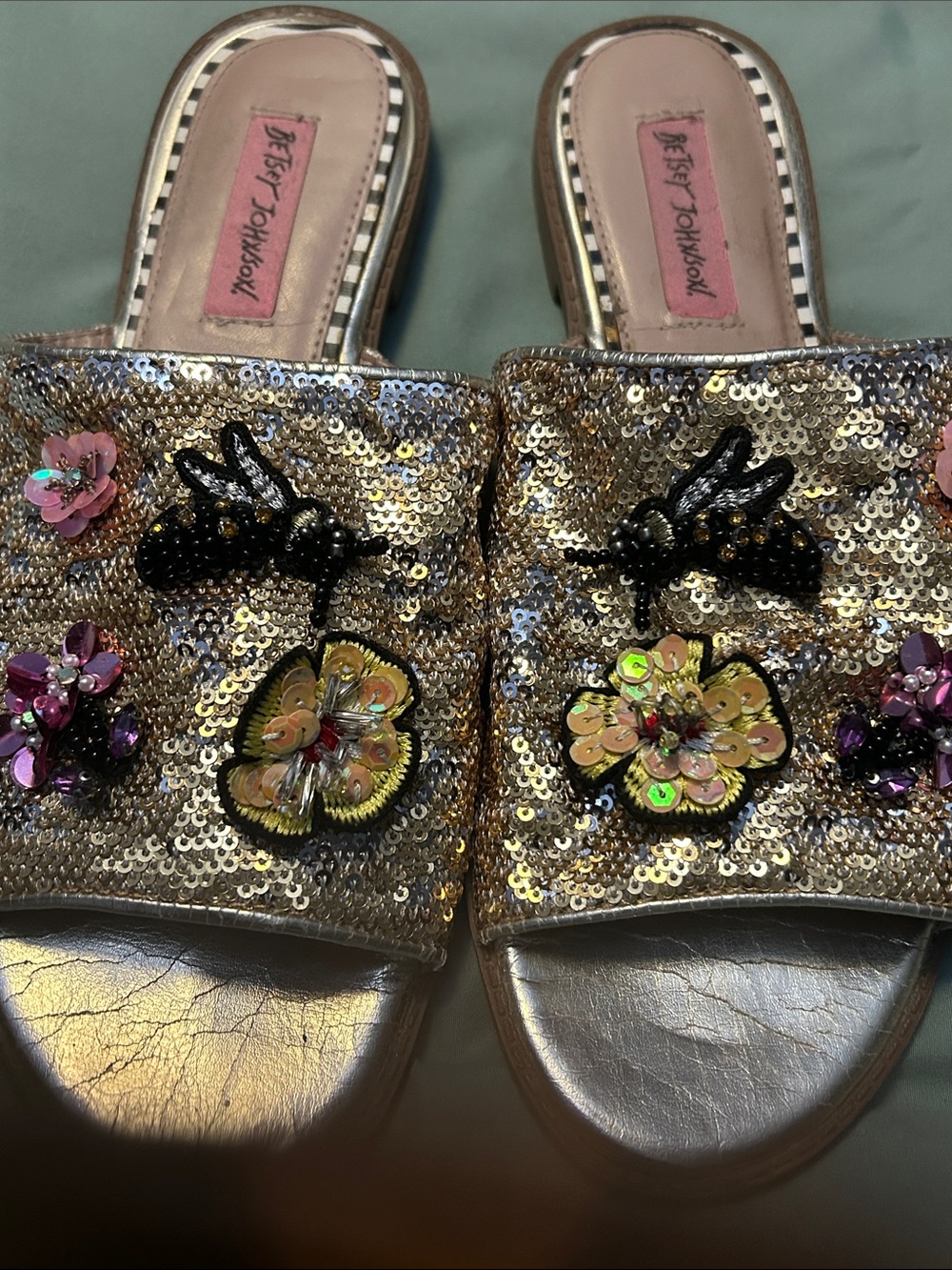 Betsey Johnson Gold Sequin Slide Mules with Floral & Bee Embellishments